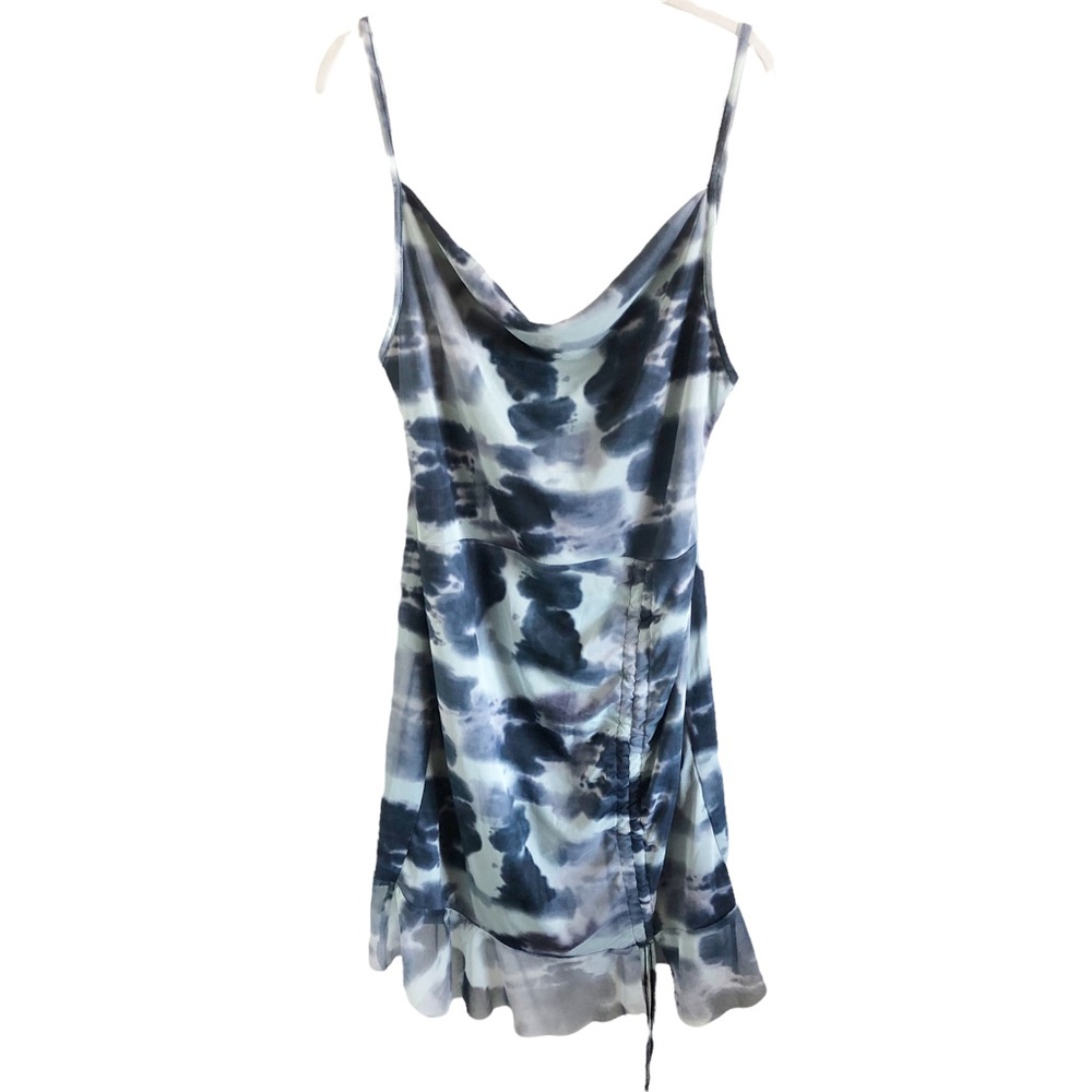 PrettyLittleThing Blue Mesh Tie Dye Print Ruched Bodycon Dress Size 12 NWT